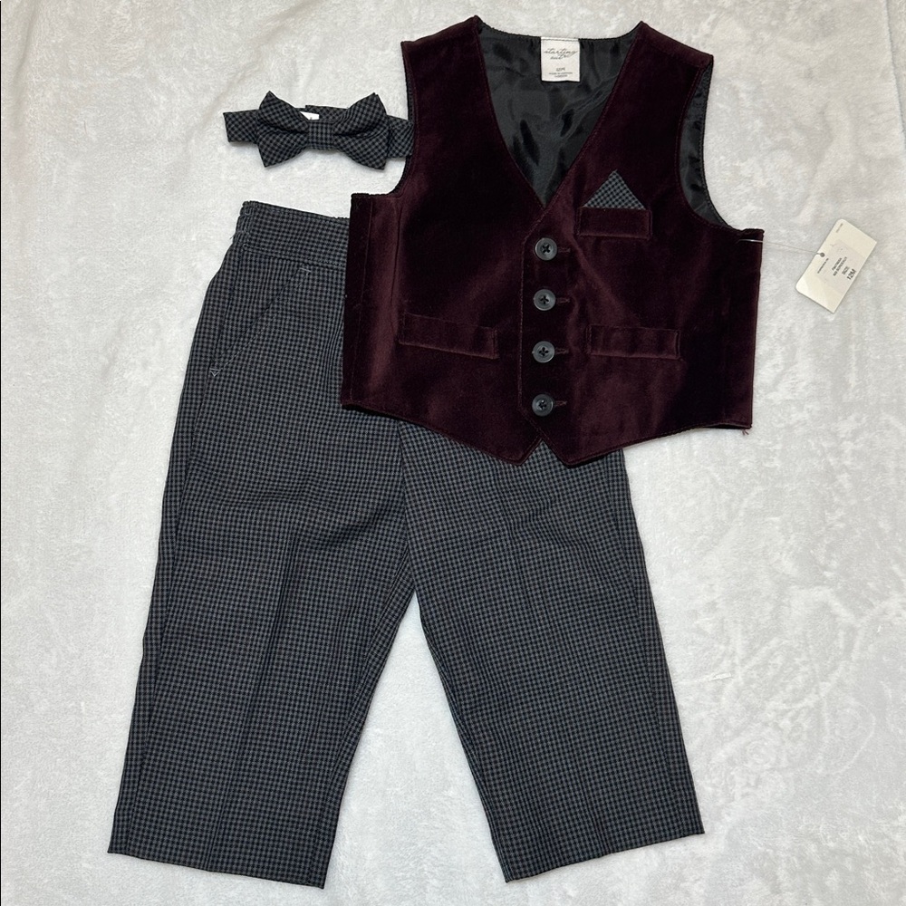 NWT Starting Out baby boys Burgundy Velvet Vest and Gray Checkered Pants 12m